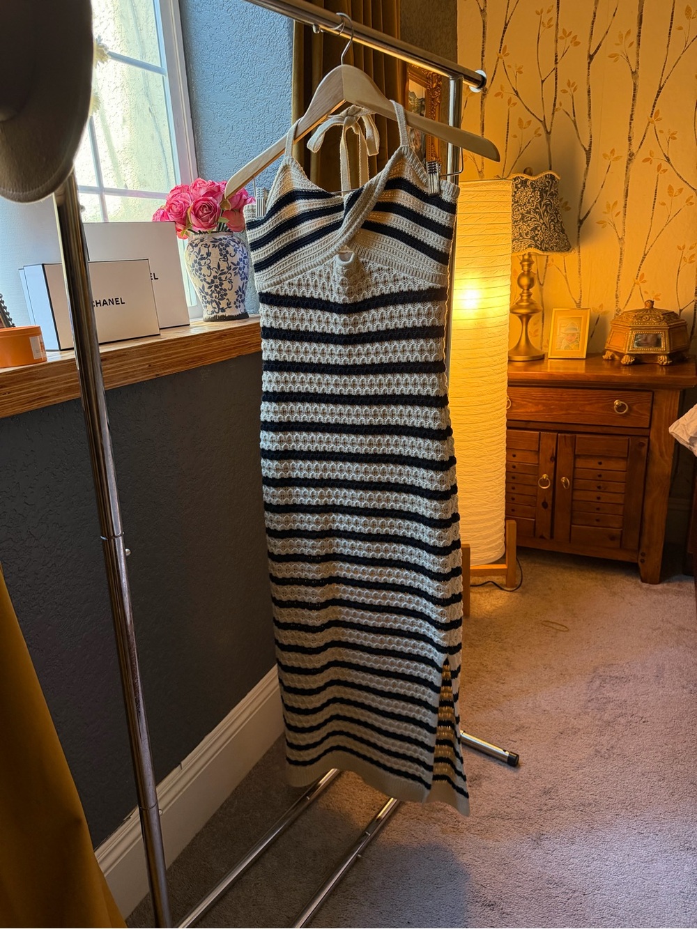 House of Harlow 1960 Striped Halter Midi Dress - Black & Cream